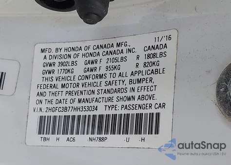 2017 Honda Civic Ex-L z USA, uszkodzony, nr VIN 2HGFC3B77HH353034